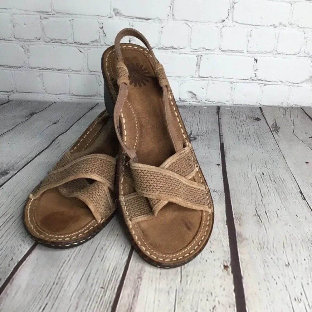 UGG 3146 Strappy Slingback Jute Wedge Sandals Women Size‎ 9 Brown Nubuck/Leather